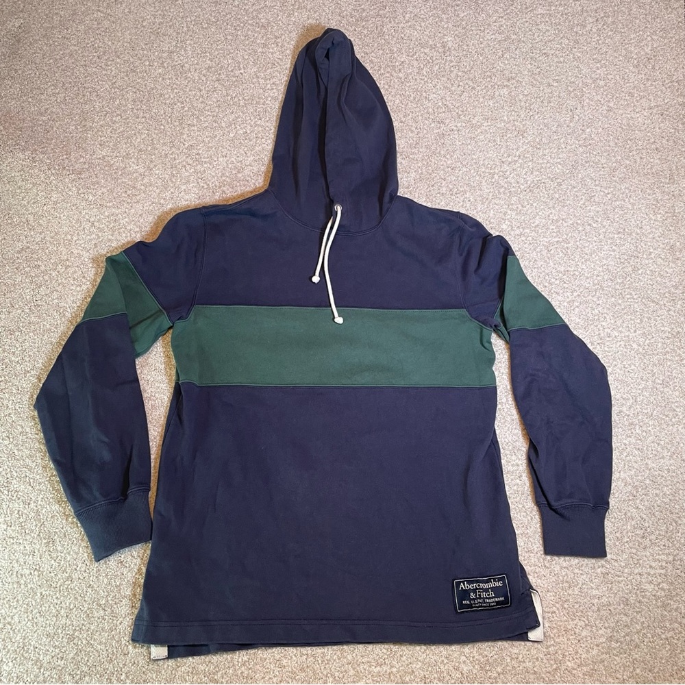 Abercrombie & Fitch Hoodie Mens Small Navy Blue & Green Rugby Cloth Long Sleeve